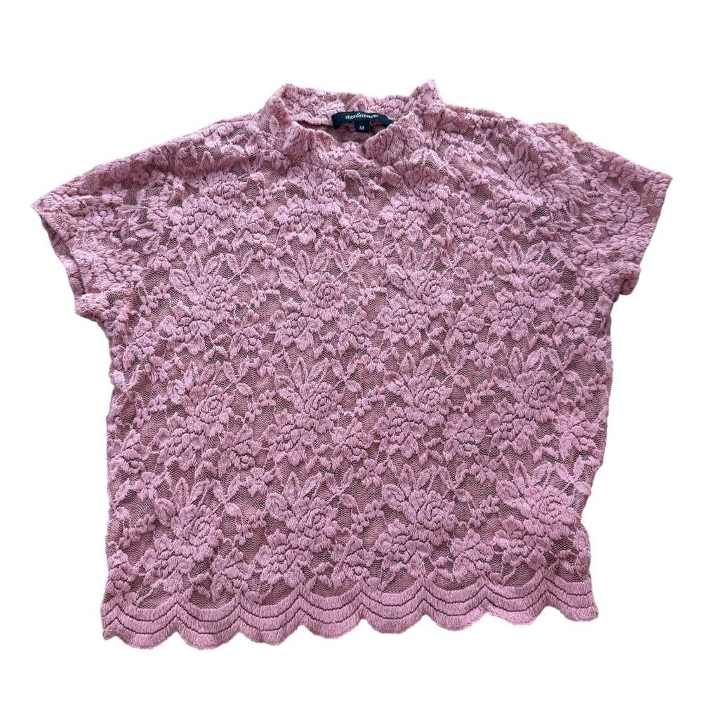 Ambiance Floral Lace Baby Tee Sheer Mock Neck Scallop Hem M Pink y2k babydoll